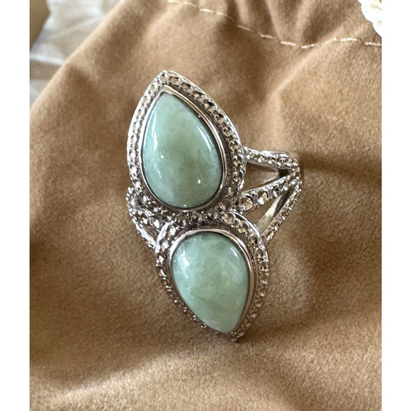 QVC Sterling Silver Double Pear Shaped Green Stone Elongated Jade Ring Sz 8.5 9 - Picture 2 of 10